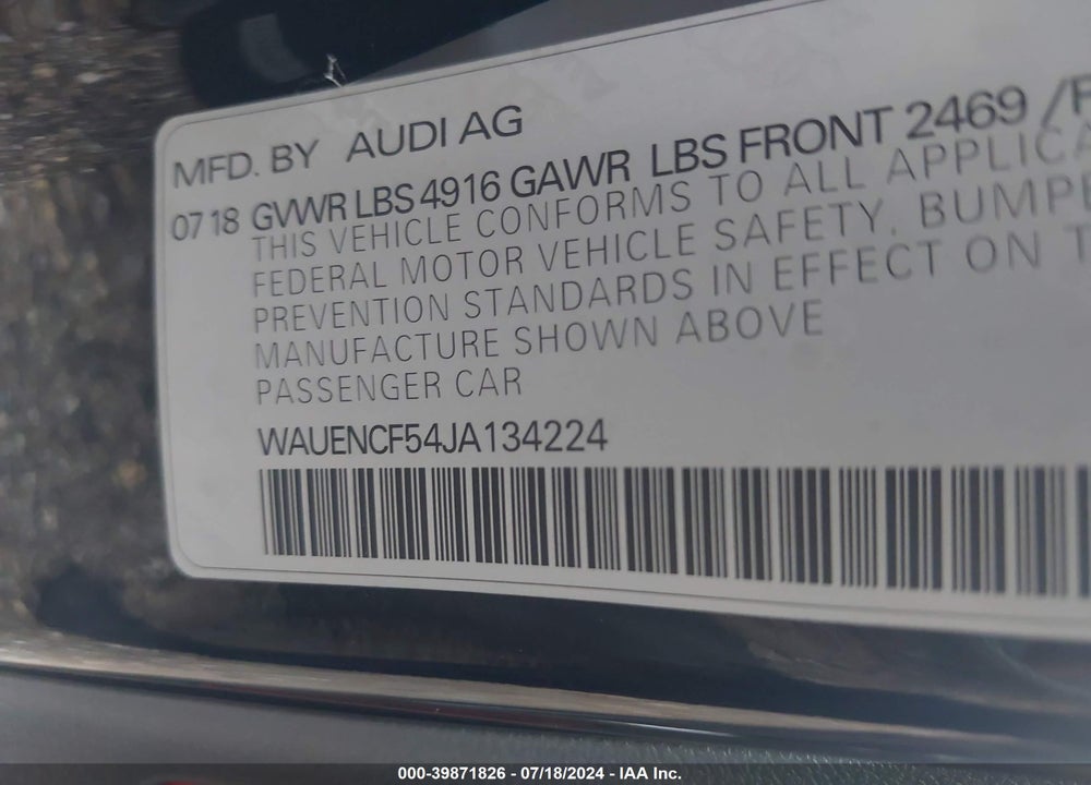 2018 AUDI A5 2.0T PREMIUM VIN: WAUENCF54JA134224