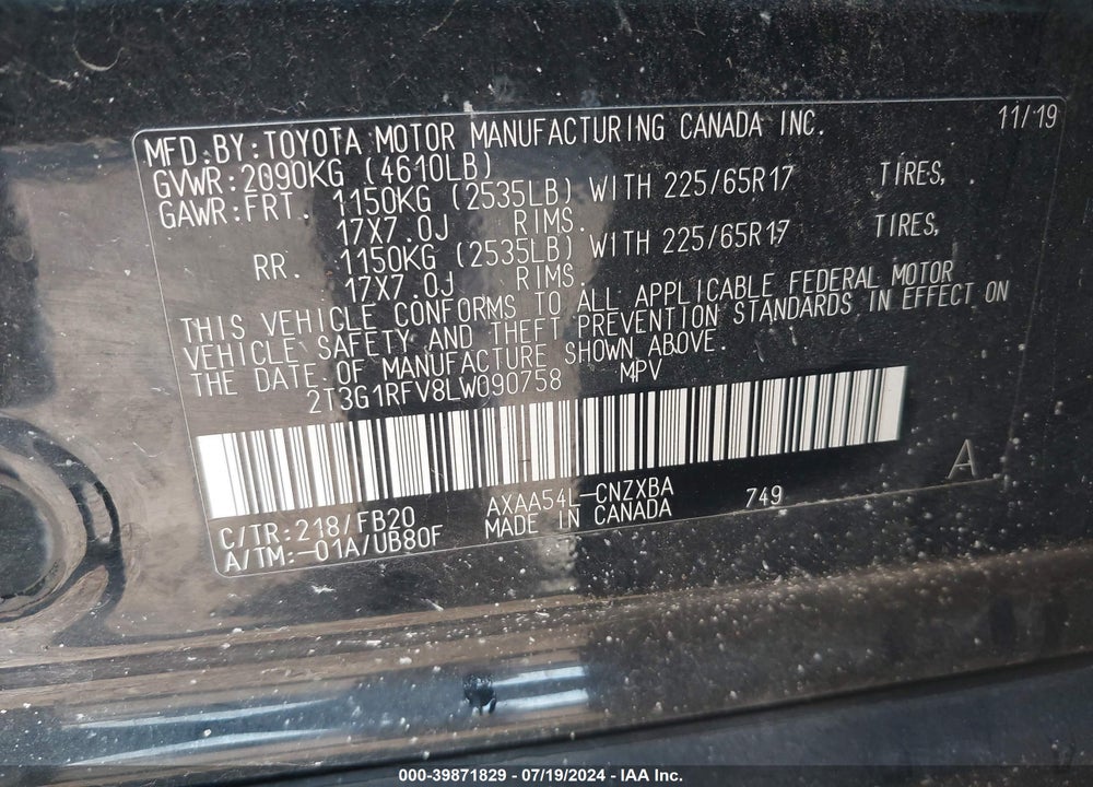 2020 TOYOTA RAV4 LE VIN: 2T3G1RFV8LW090758