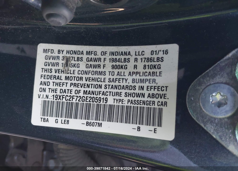 2016 HONDA CIVIC EX VIN: 19XFC2F72GE205919