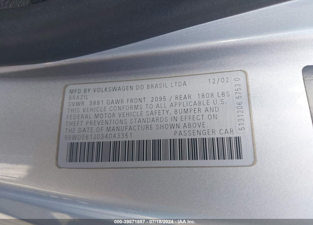 2003 VOLKSWAGEN GTI 1.8T VIN: 9BWDE61J034043351