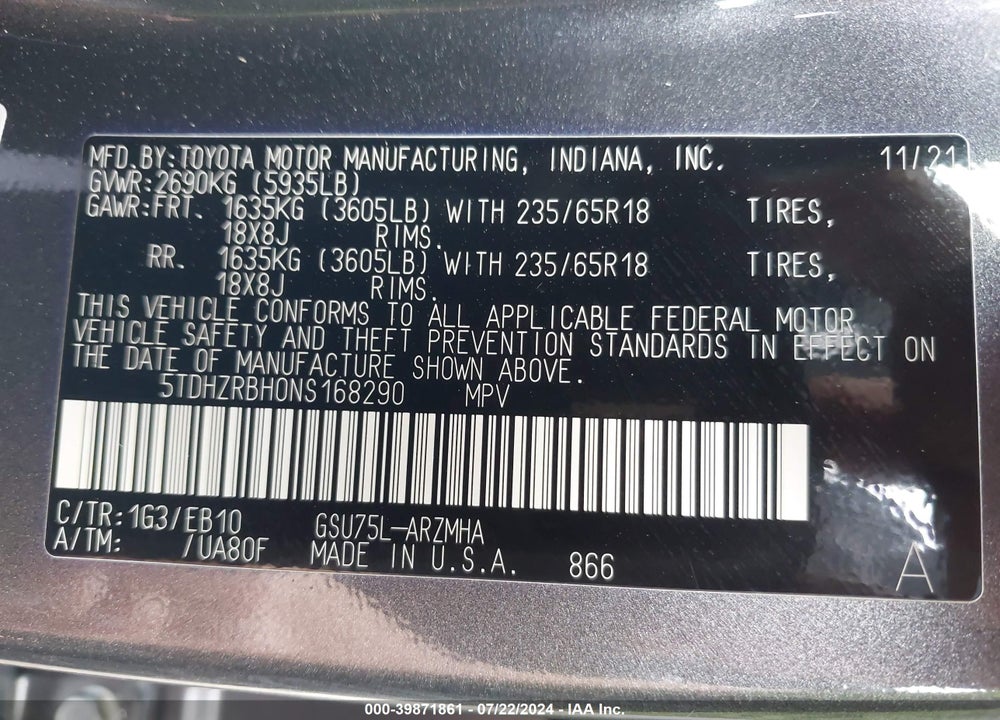 2022 TOYOTA HIGHLANDER XLE VIN: 5TDHZRBH0NS168290