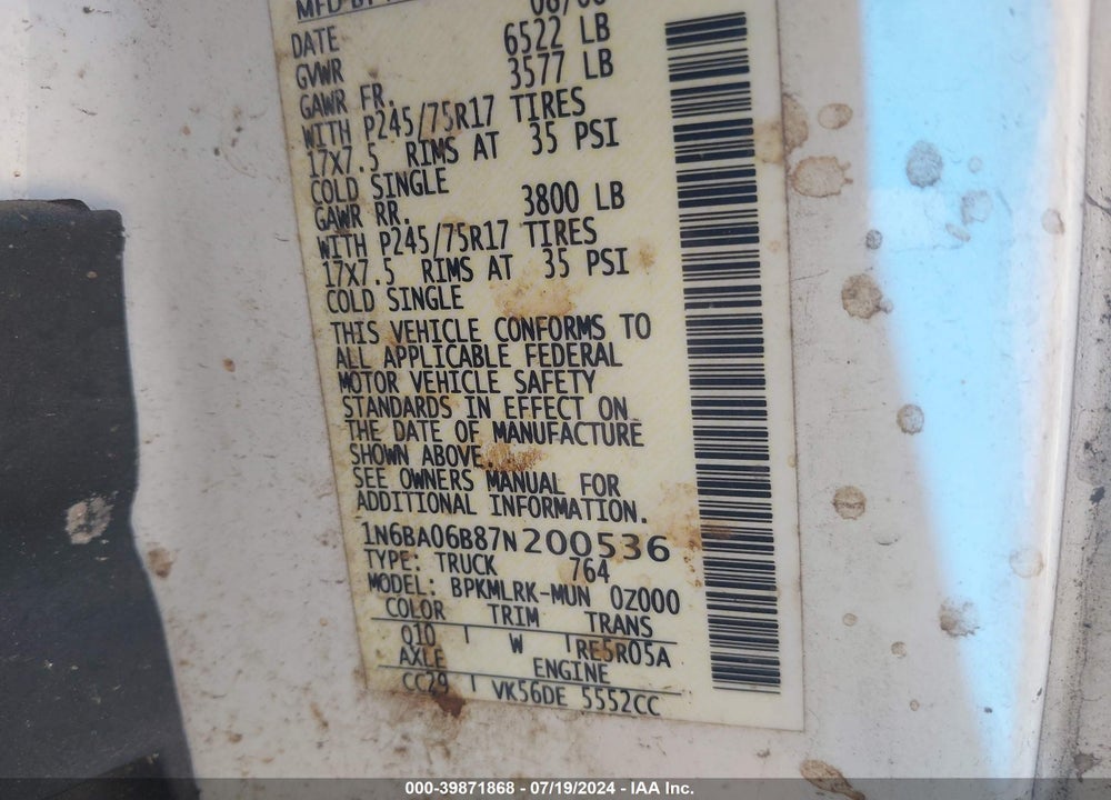2007 NISSAN TITAN XE VIN: 1N6BA06B87N200536