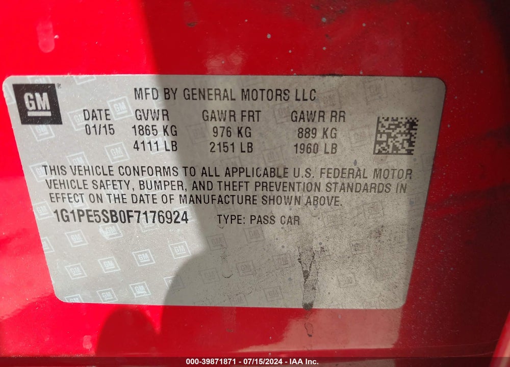 2015 CHEVROLET CRUZE 2LT AUTO VIN: 1G1PE5SB0F7176924