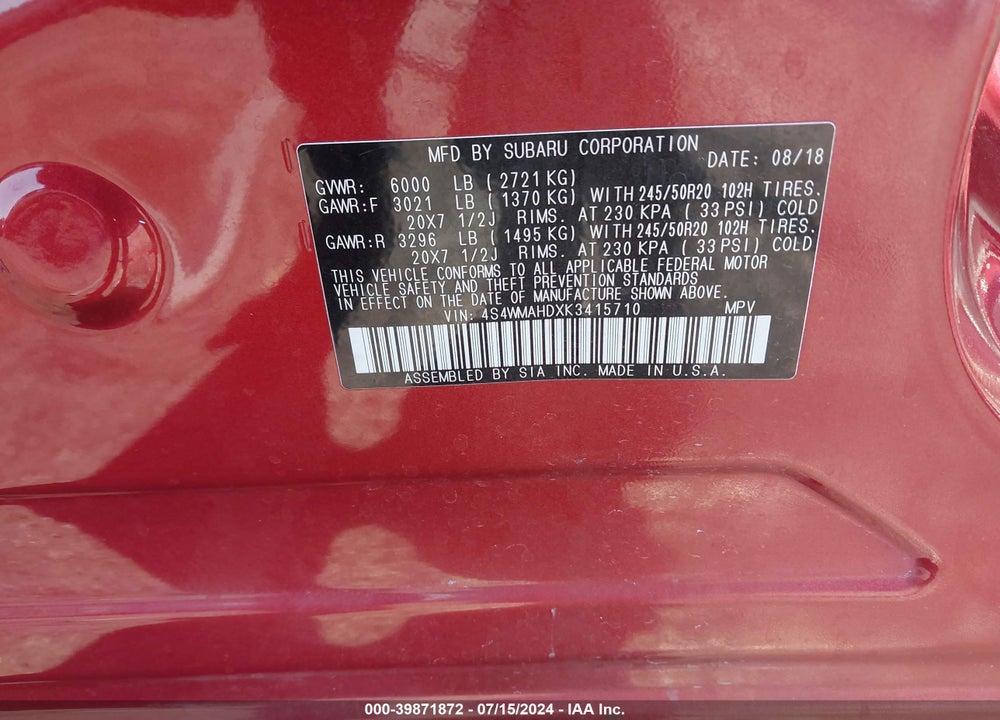2019 SUBARU ASCENT PREMIUM VIN: 4S4WMAHDXK3415710