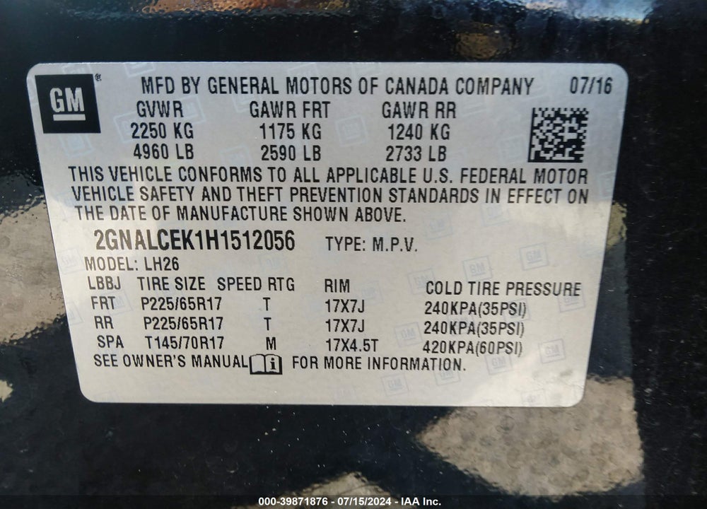2017 CHEVROLET EQUINOX LT VIN: 2GNALCEK1H1512056