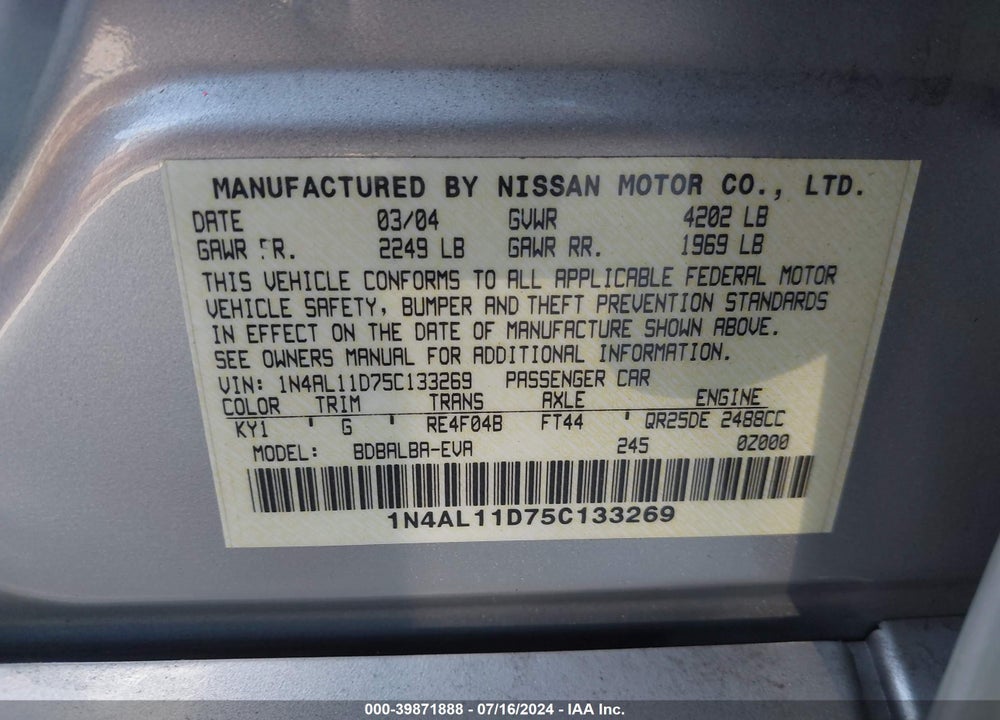 2005 NISSAN ALTIMA 2.5 S VIN: 1N4AL11D75C133269