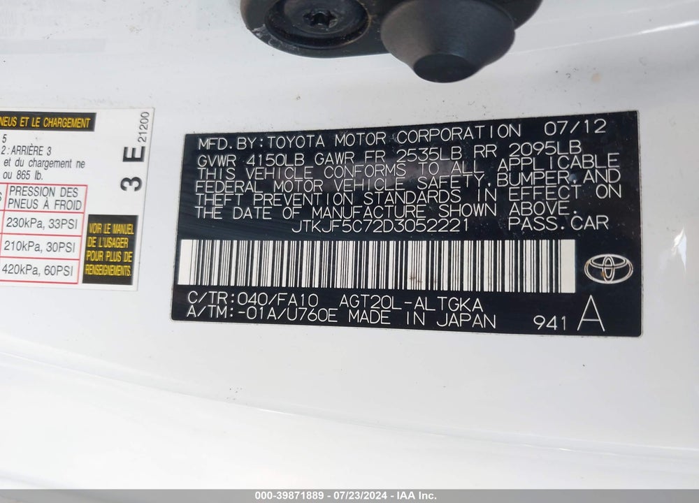 2013 SCION TC VIN: JTKJF5C72D3052221