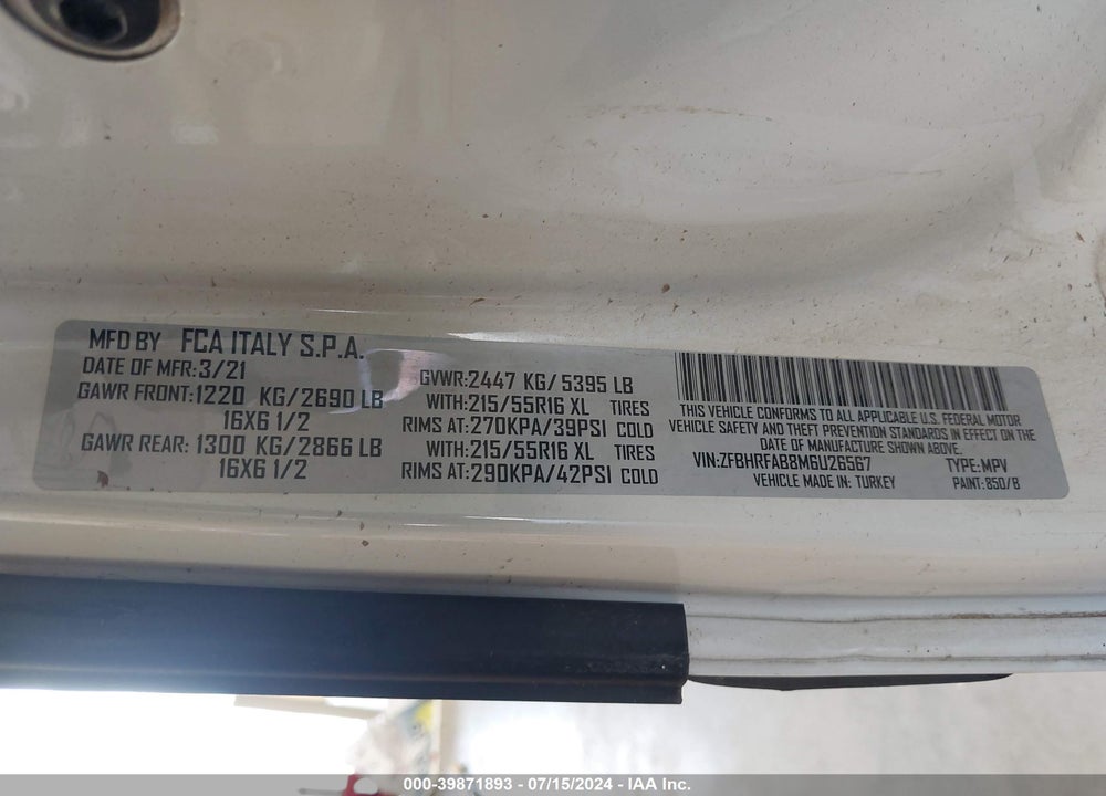 2021 RAM PROMASTER CITY TRADESMAN VIN: ZFBHRFAB8M6U26567