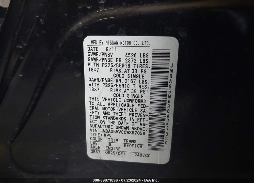 2012 NISSAN ROGUE SV W/SL PKG VIN: JN8AS5MV8CW357059