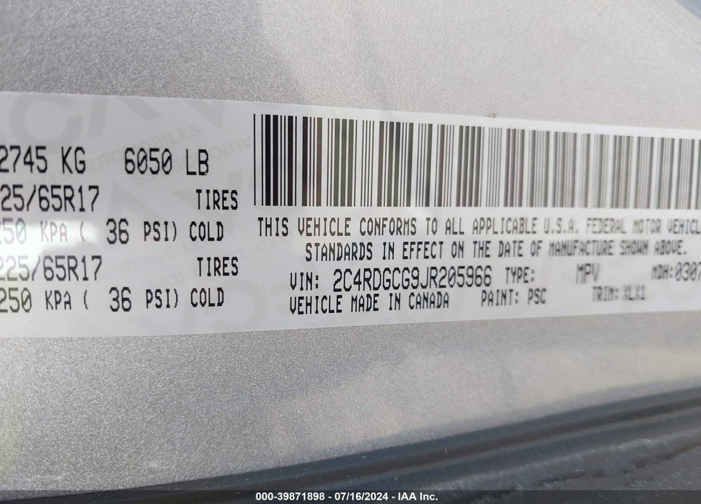 2018 DODGE GRAND CARAVAN SXT VIN: 2C4RDGCG9JR205966