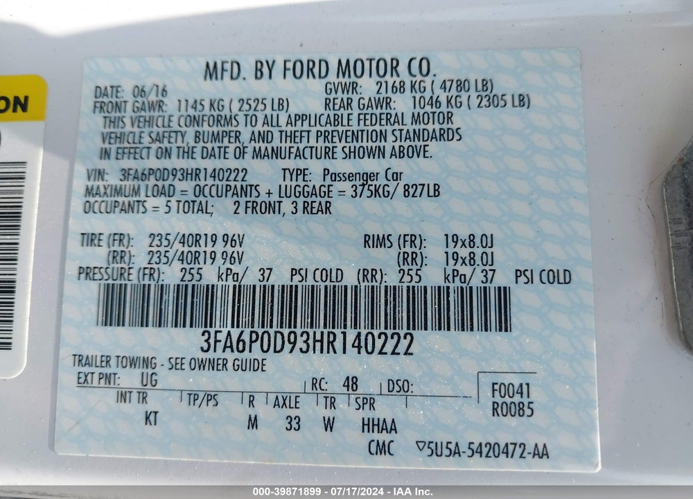 2017 FORD FUSION TITANIUM VIN: 3FA6P0D93HR140222