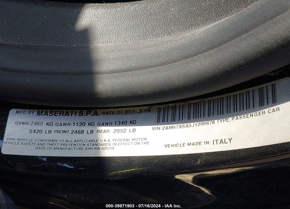 2018 MASERATI GHIBLI VIN: ZAM57XSA5J1299878