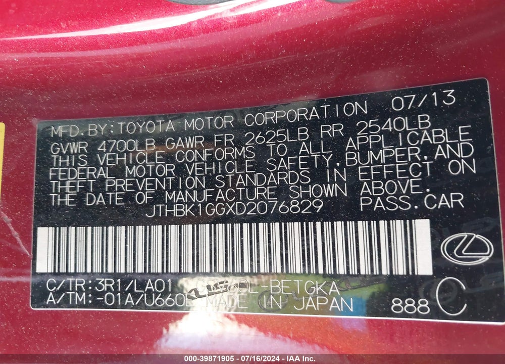 2013 LEXUS ES 350 VIN: JTHBK1GGXD2076829