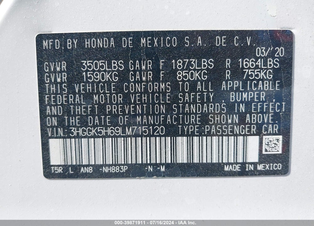 2020 HONDA FIT SPORT VIN: 3HGGK5H69LM715120