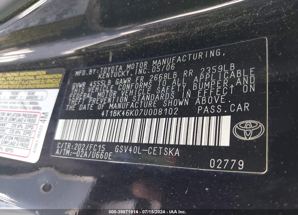2007 TOYOTA CAMRY SE V6 VIN: 4T1BK46K07U008102