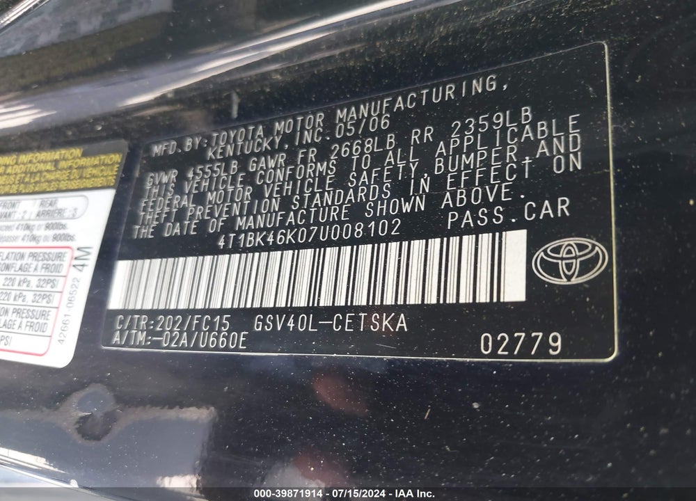 2007 TOYOTA CAMRY SE V6 VIN: 4T1BK46K07U008102