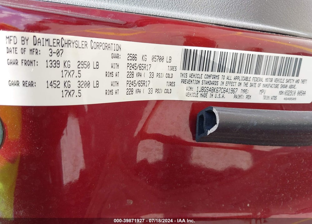 2007 JEEP GRAND CHEROKEE LAREDO VIN: 1J8GS48K67C641967