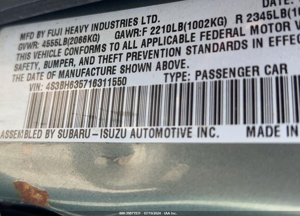 2001 SUBARU LEGACY VIN: 4S3BH635716311550