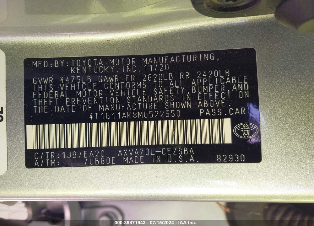2021 TOYOTA CAMRY SE VIN: 4T1G11AK8MU522550