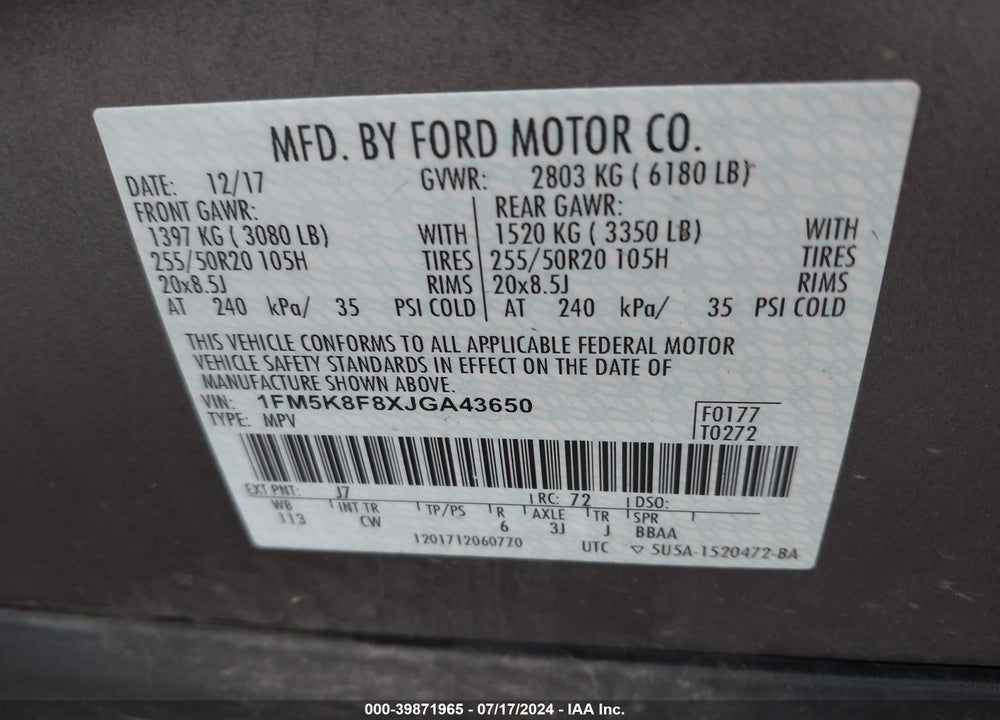 2018 FORD EXPLORER LIMITED VIN: 1FM5K8F8XJGA43650