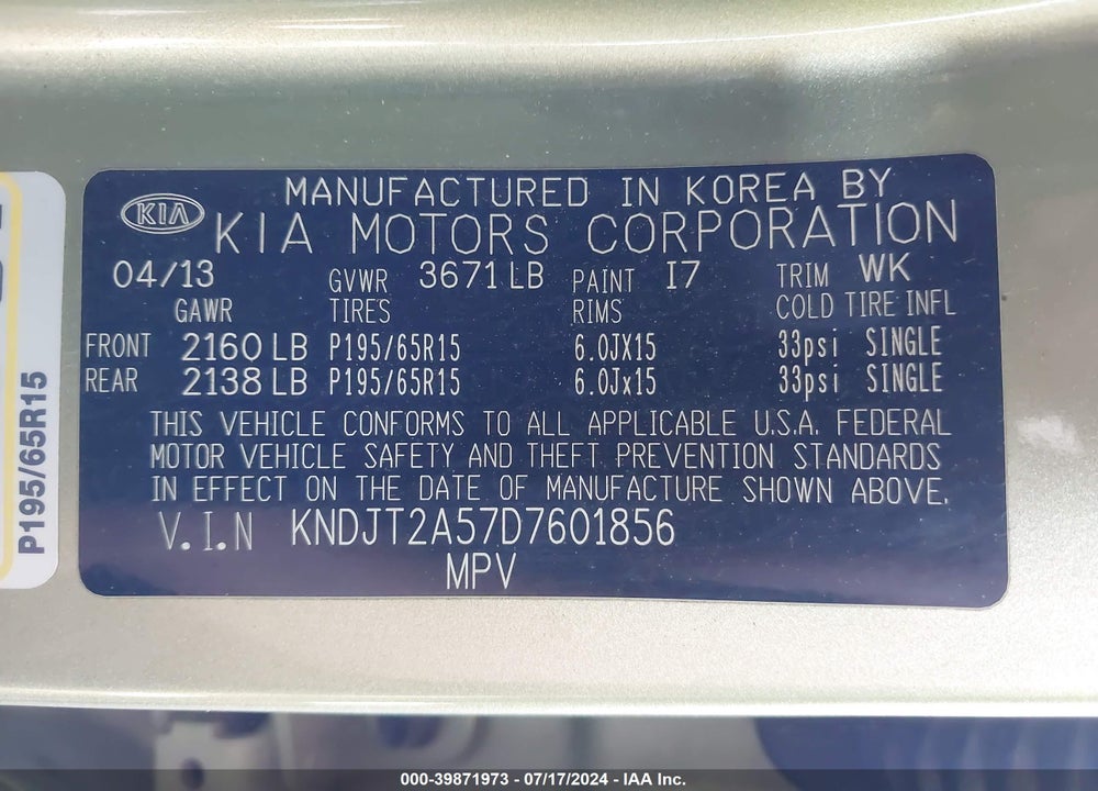 2013 KIA SOUL VIN: KNDJT2A57D7601856