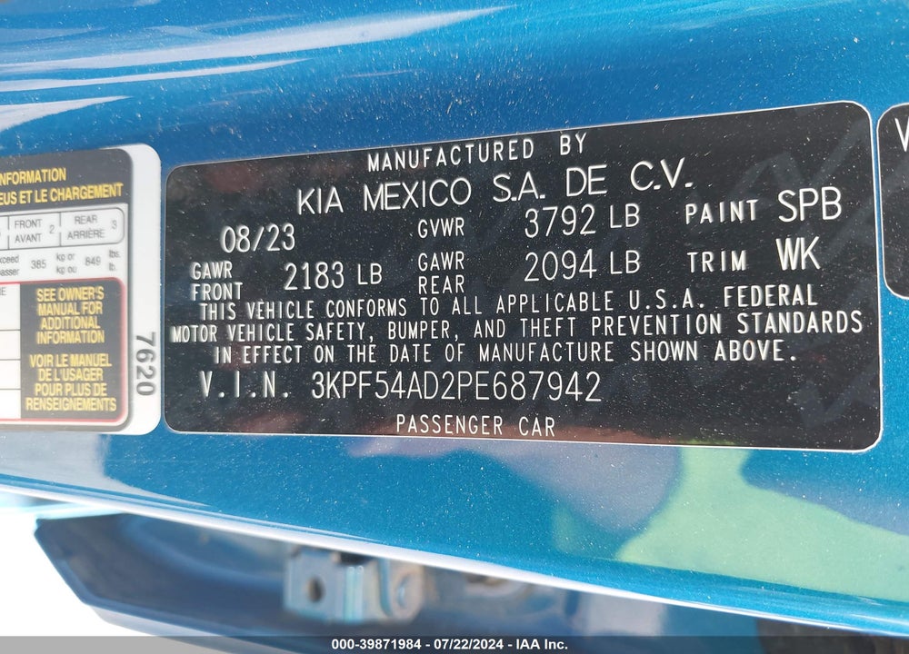 2023 KIA FORTE GT LINE VIN: 3KPF54AD2PE687942