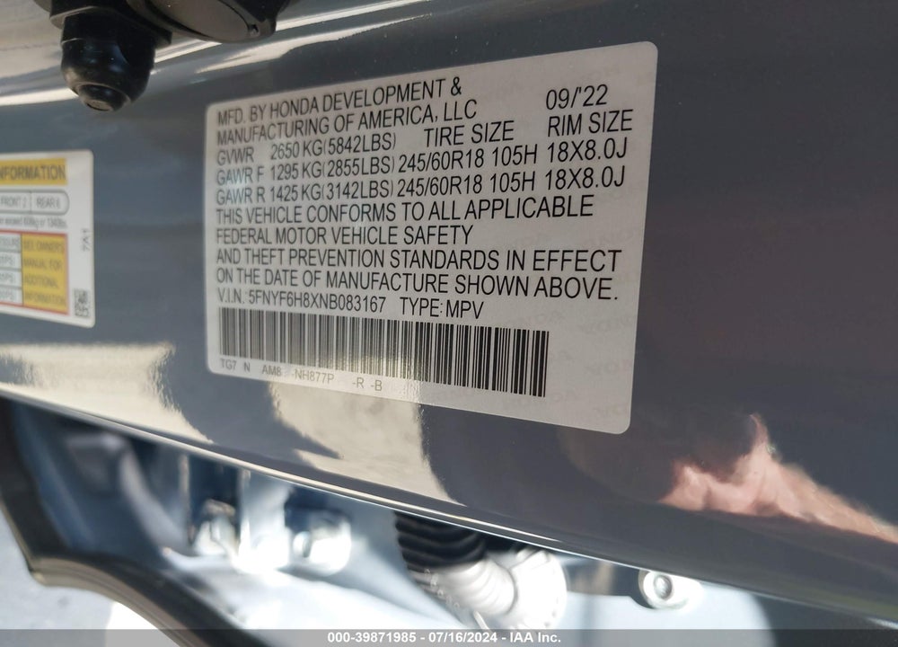 2022 HONDA PILOT AWD TRAILSPORT VIN: 5FNYF6H8XNB083167
