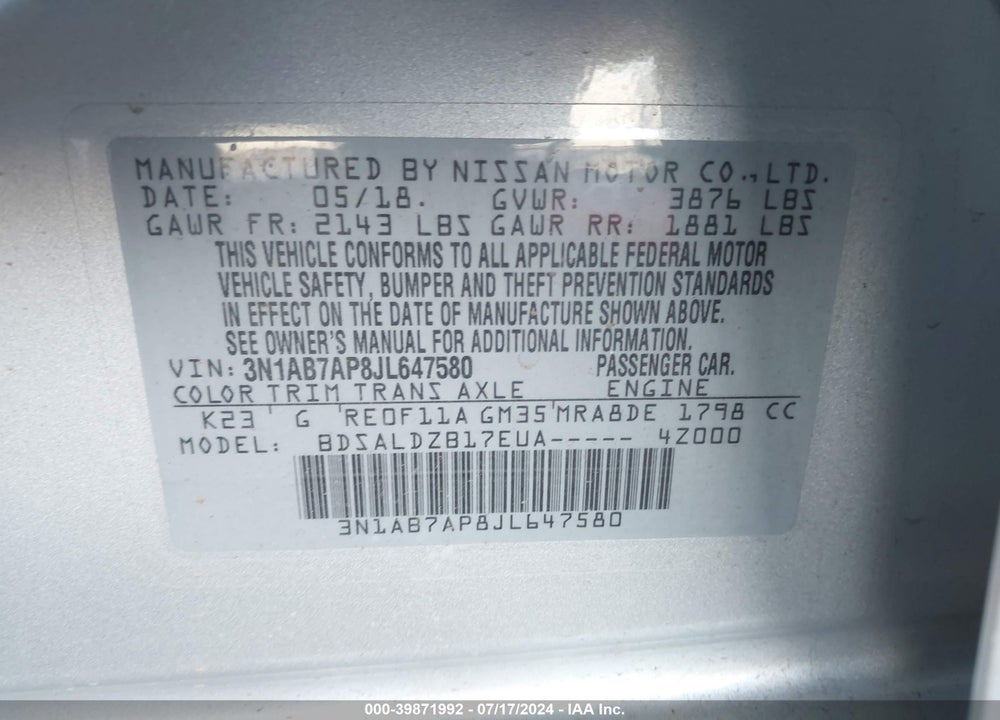 2018 NISSAN SENTRA SV VIN: 3N1AB7AP8JL647580