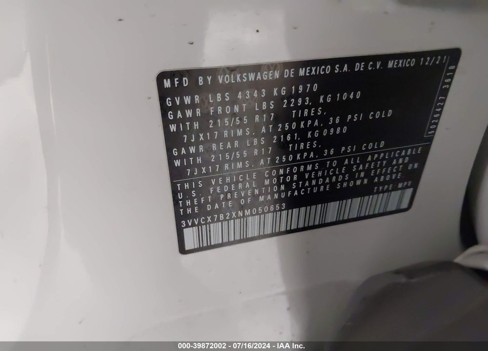 2022 VOLKSWAGEN TAOS 1.5T S VIN: 3VVCX7B2XNM050653