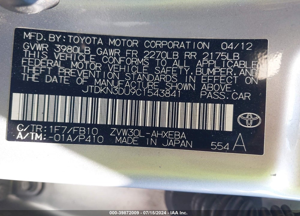 2012 TOYOTA PRIUS TWO VIN: JTDKN3DU9C1543841