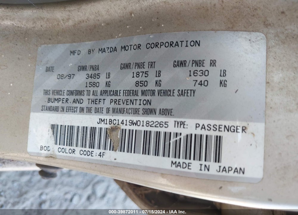 1998 MAZDA PROTEGE DX/LX VIN: JM1BC1419W0182265