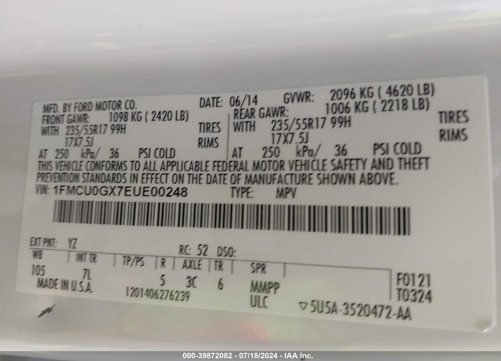 2014 FORD ESCAPE SE VIN: 1FMCU0GX7EUE00248