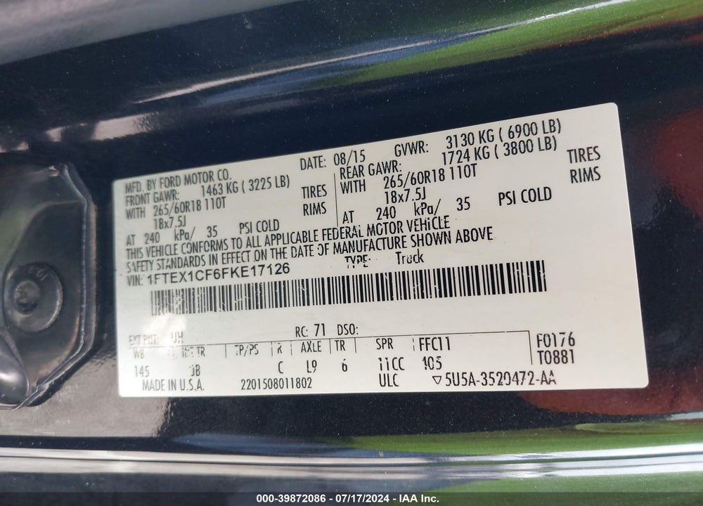 2015 FORD F-150 XLT VIN: 1FTEX1CF6FKE17126