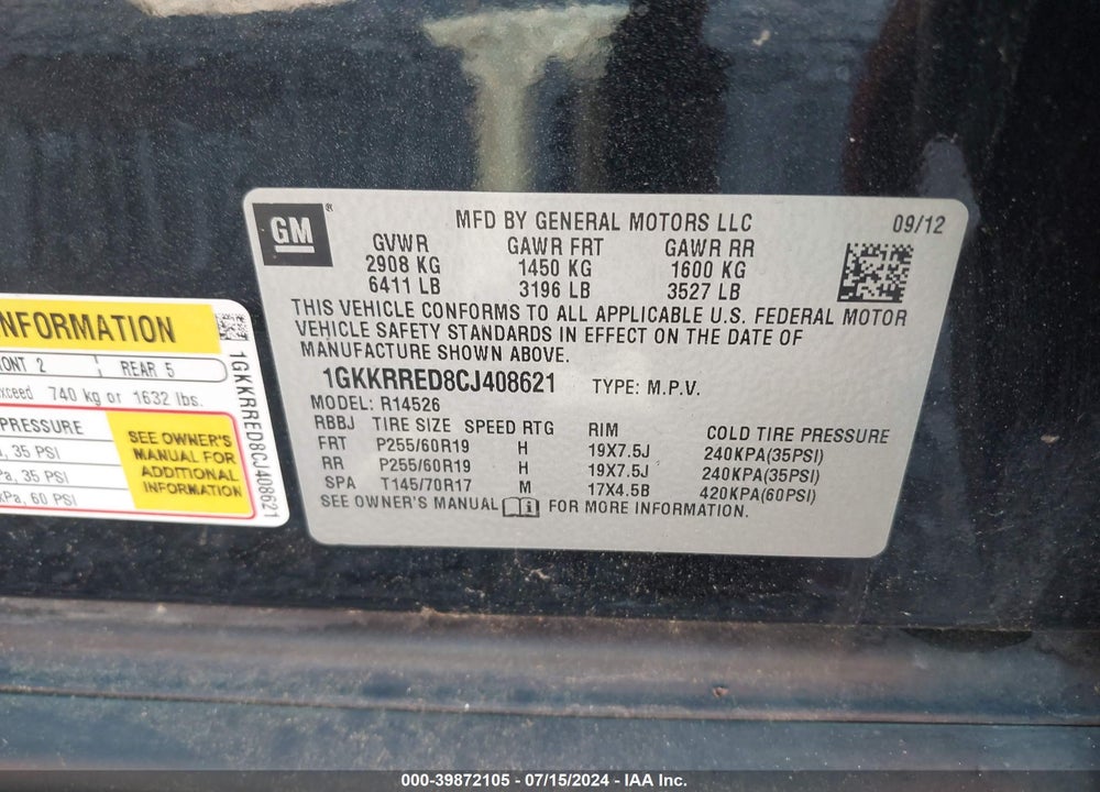 2012 GMC ACADIA SLT-1 VIN: 1GKKRRED8CJ408621