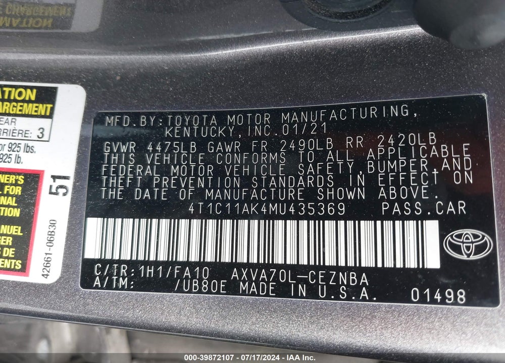 2021 TOYOTA CAMRY LE VIN: 4T1C11AK4MU435369