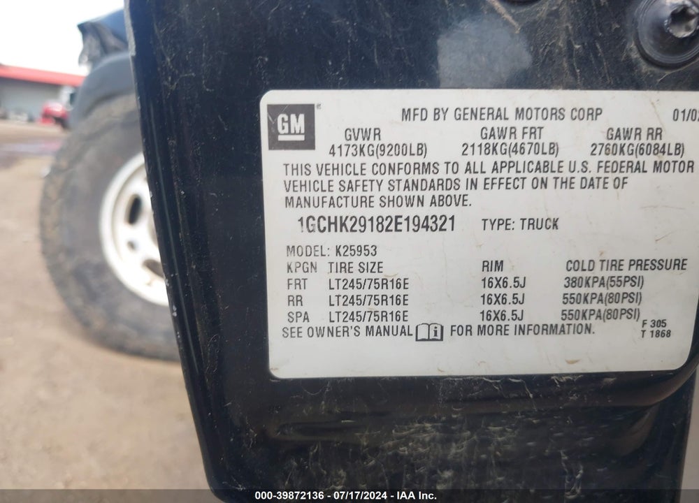 2002 CHEVROLET SILVERADO 2500HD LT VIN: 1GCHK29182E194321