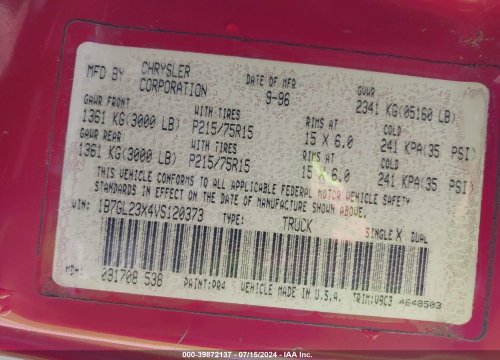 1997 DODGE DAKOTA SLT/SPORT VIN: 1B7GL23X4VS120373