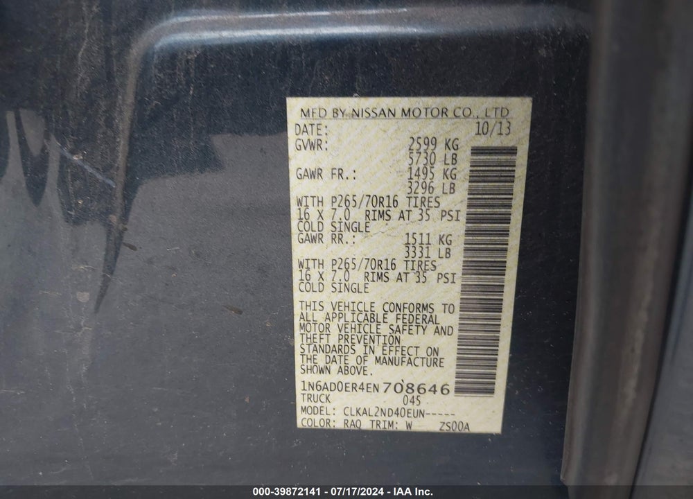2014 NISSAN FRONTIER SV VIN: 1N6AD0ER4EN708646