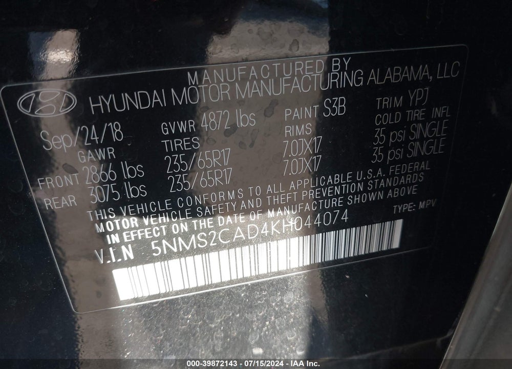 2019 HYUNDAI SANTA FE SE VIN: 5NMS2CAD4KH044074