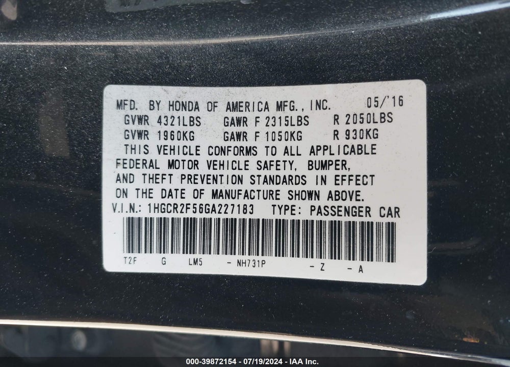 2016 HONDA ACCORD VIN: 1HGCR2F56GA227183