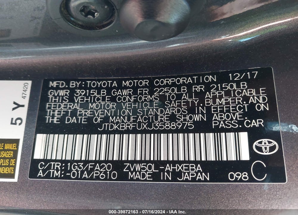 2018 TOYOTA PRIUS VIN: JTDKBRFUXJ3588975