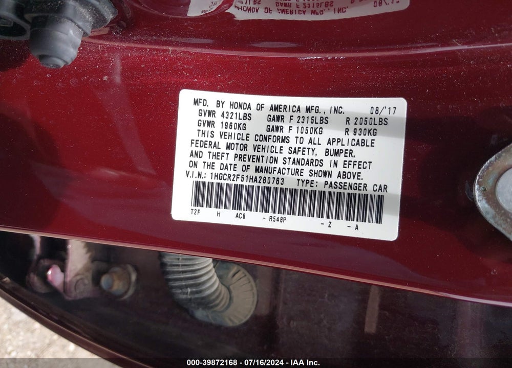 2017 HONDA ACCORD SPORT VIN: 1HGCR2F51HA280763