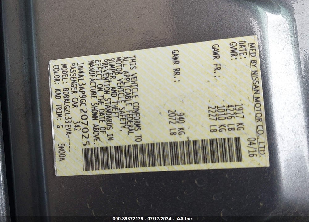 2016 NISSAN ALTIMA VIN: 1N4AL3AP9GC207025