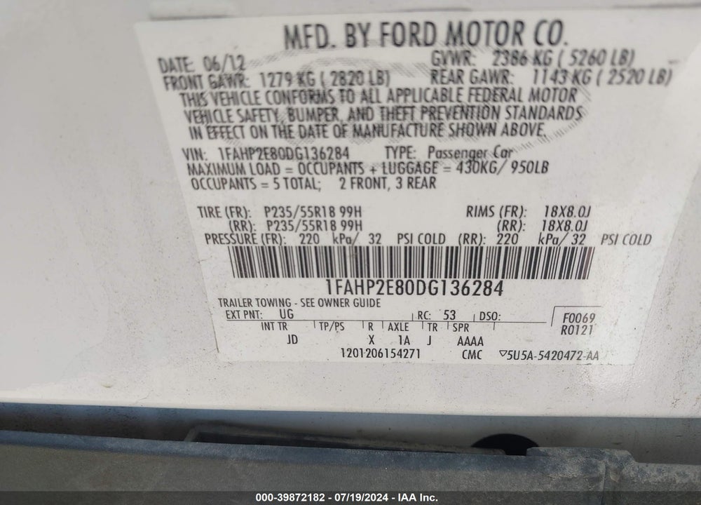2013 FORD TAURUS SEL VIN: 1FAHP2E80DG136284