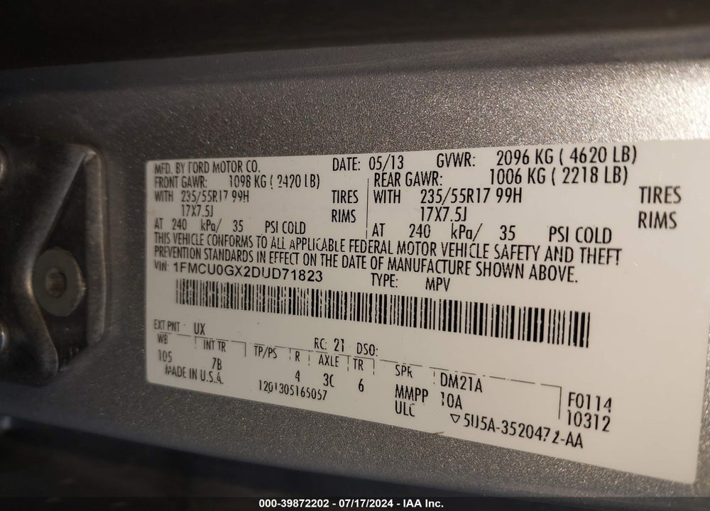 2013 FORD ESCAPE SE VIN: 1FMCU0GX2DUD71823