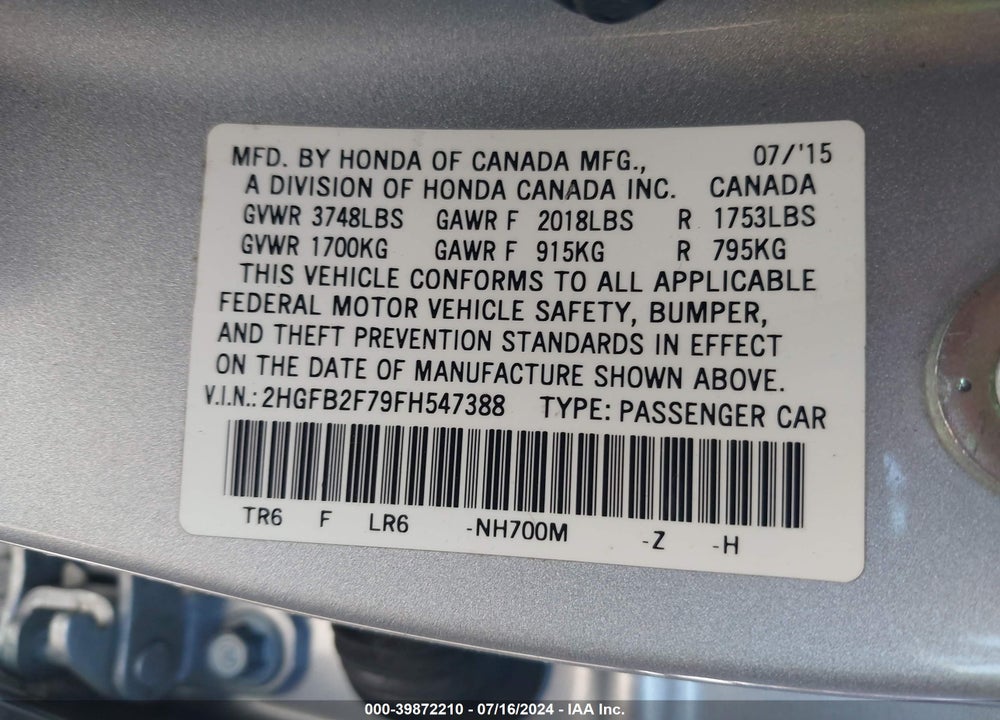 2015 HONDA CIVIC SE VIN: 2HGFB2F79FH547388