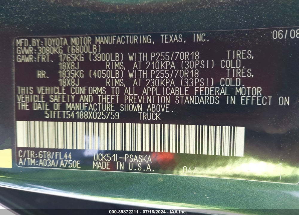 2008 TOYOTA TUNDRA BASE 4.7L V8 VIN: 5TFET54188X025759