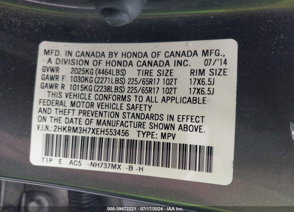2014 HONDA CR-V EX-L VIN: 2HKRM3H7XEH553456