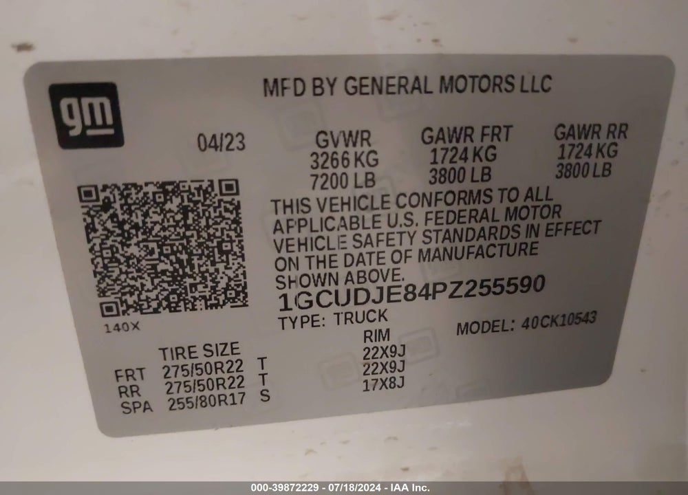 2023 CHEVROLET SILVERADO 1500 4WD SHORT BED HIGH COUNTRY VIN: 1GCUDJE84PZ255590