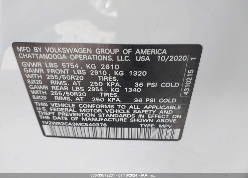 2021 VOLKSWAGEN ATLAS 3.6L V6 SE W/TECHNOLOGY VIN: 1V2WR2CA3MC540378